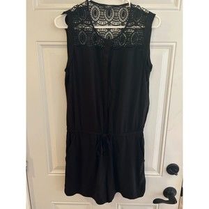 Loft Romper Womens Size Small Crochet Detail Black Short Drawstring Waist EUC